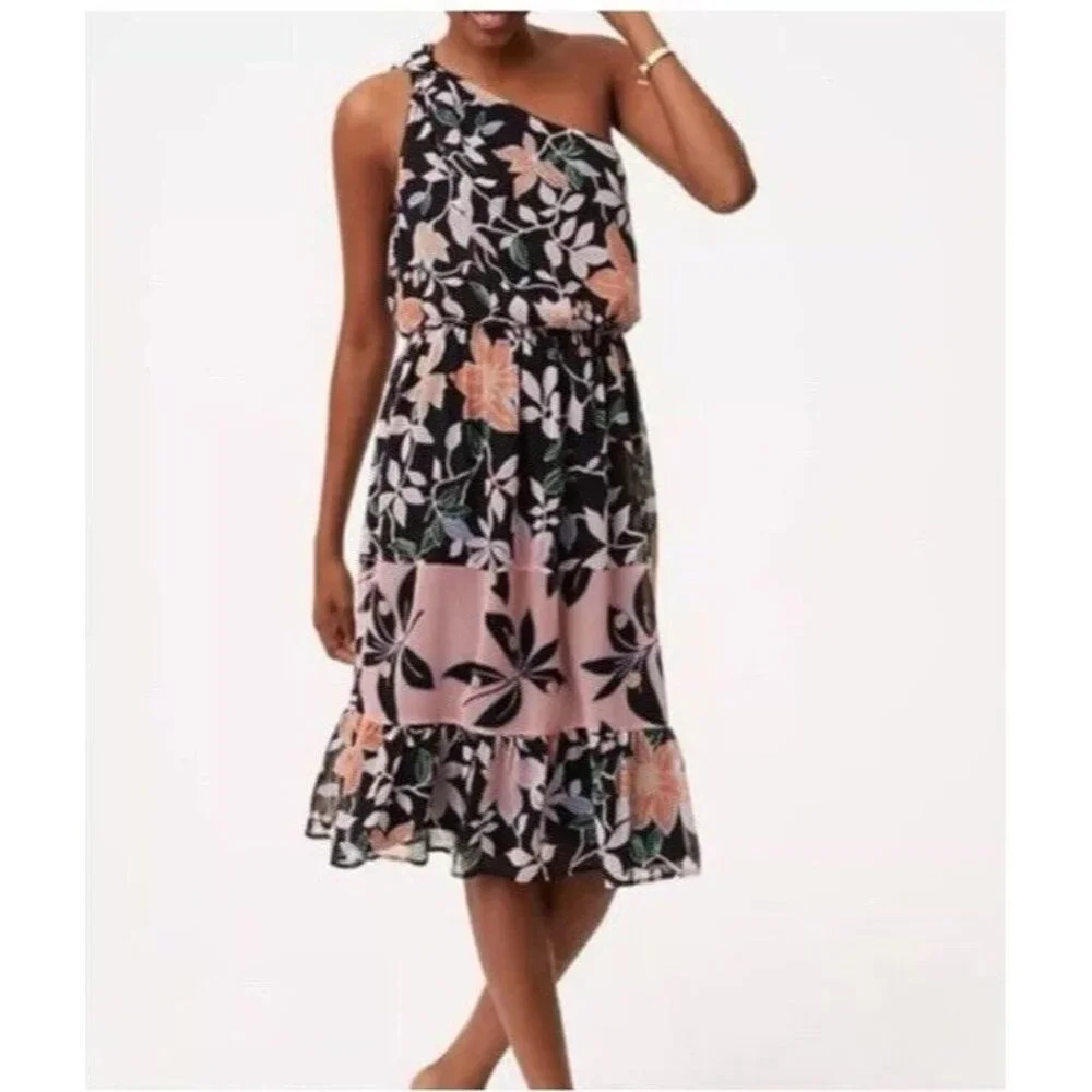 ANN TAYLOR LOFT WILD ORCHID FLORAL CASUAL ONE SHOULDER FLOWY DRESS SZE: M EUC